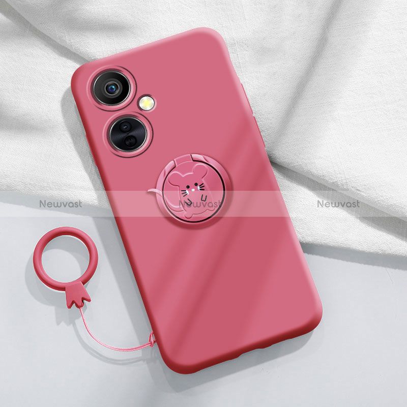 Ultra-thin Silicone Gel Soft Case Cover with Magnetic Finger Ring Stand S02 for OnePlus Nord N30 5G Hot Pink