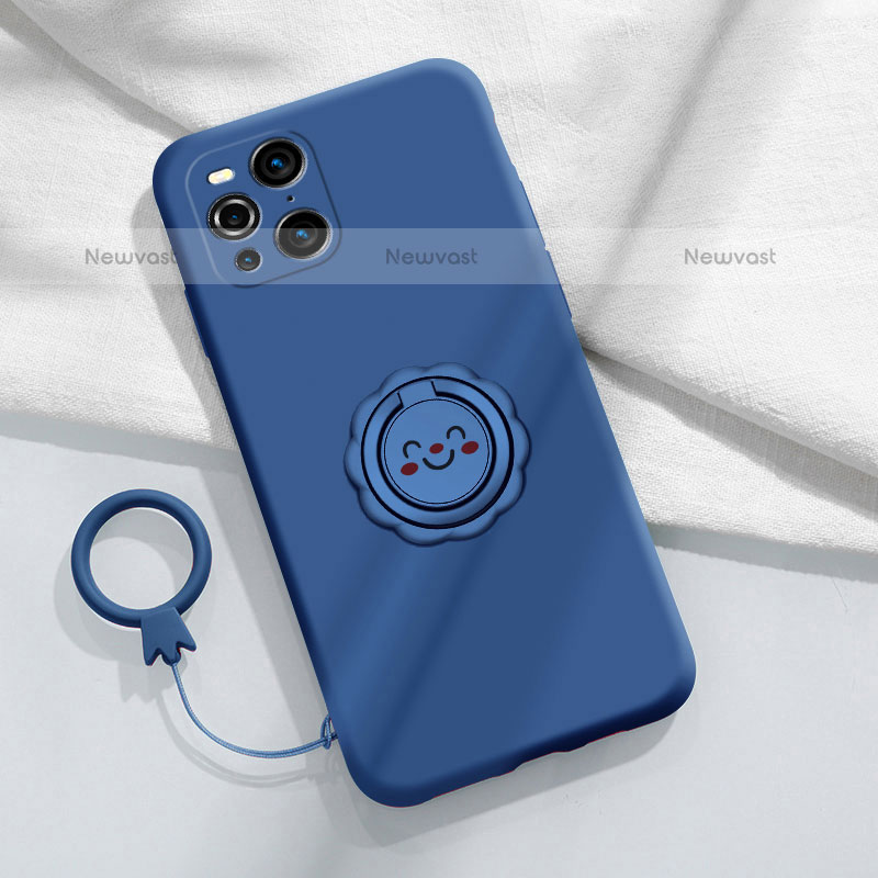 Ultra-thin Silicone Gel Soft Case Cover with Magnetic Finger Ring Stand S02 for Oppo Find X3 Pro 5G Blue