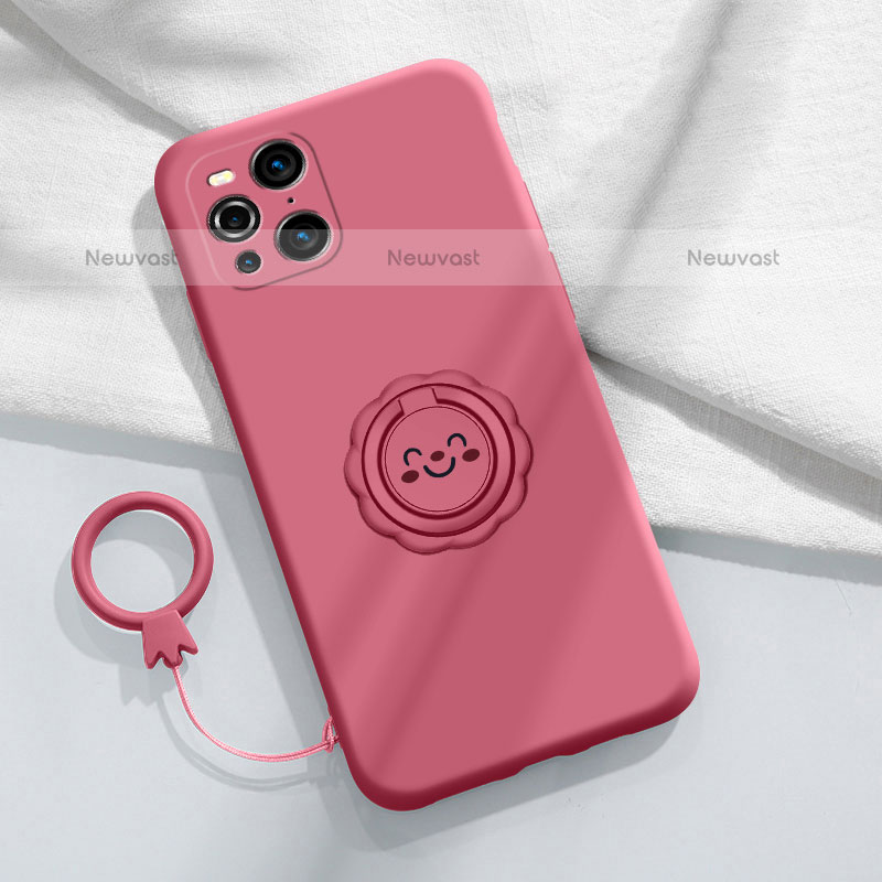 Ultra-thin Silicone Gel Soft Case Cover with Magnetic Finger Ring Stand S02 for Oppo Find X3 Pro 5G Hot Pink