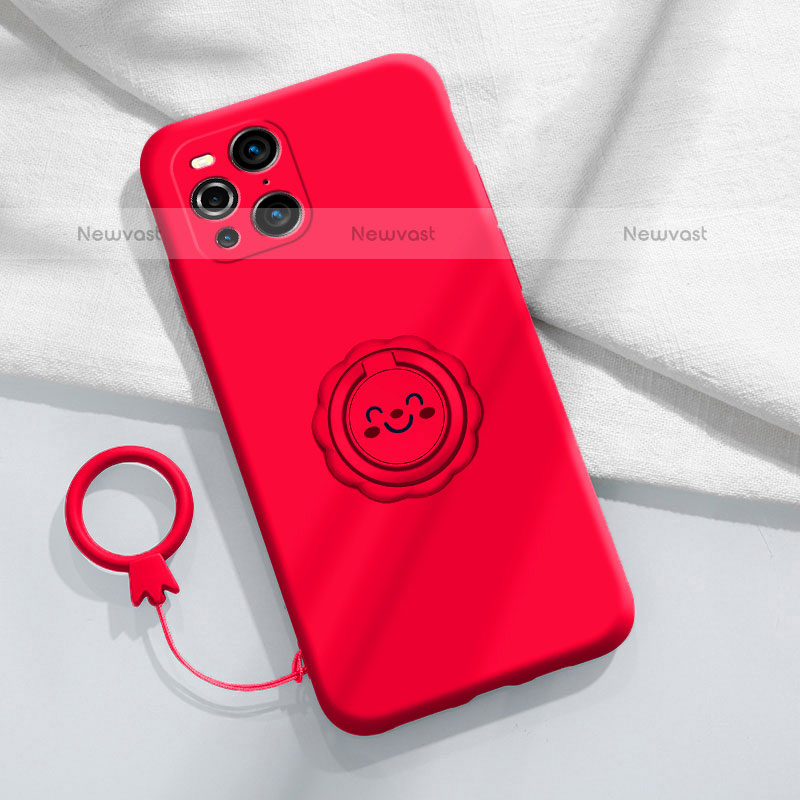 Ultra-thin Silicone Gel Soft Case Cover with Magnetic Finger Ring Stand S02 for Oppo Find X3 Pro 5G Red