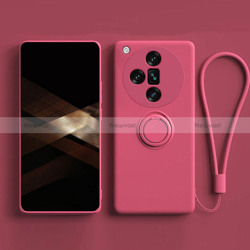 Ultra-thin Silicone Gel Soft Case Cover with Magnetic Finger Ring Stand S02 for Oppo Find X7 Ultra 5G Hot Pink