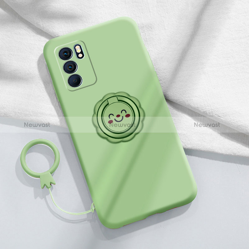 Ultra-thin Silicone Gel Soft Case Cover with Magnetic Finger Ring Stand S02 for Oppo Reno6 5G Matcha Green