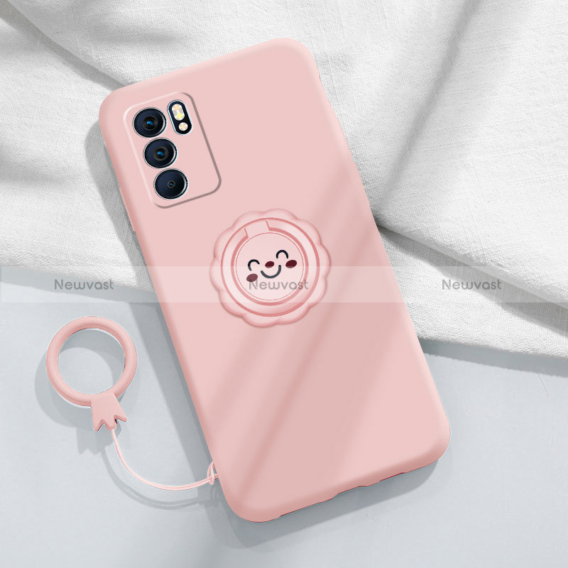 Ultra-thin Silicone Gel Soft Case Cover with Magnetic Finger Ring Stand S02 for Oppo Reno6 Pro 5G India Pink