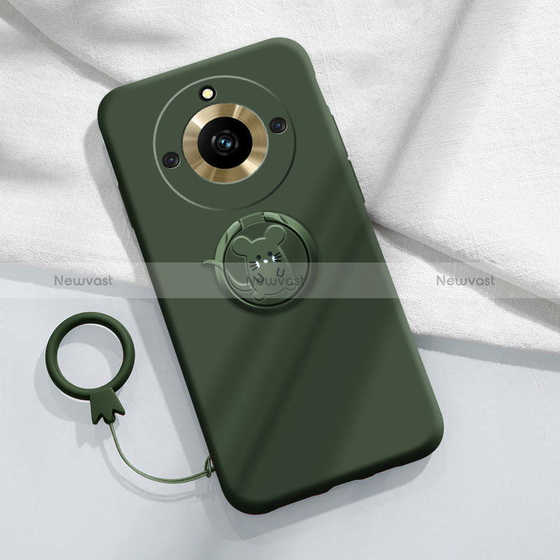 Ultra-thin Silicone Gel Soft Case Cover with Magnetic Finger Ring Stand S02 for Realme 11 Pro 5G Midnight Green