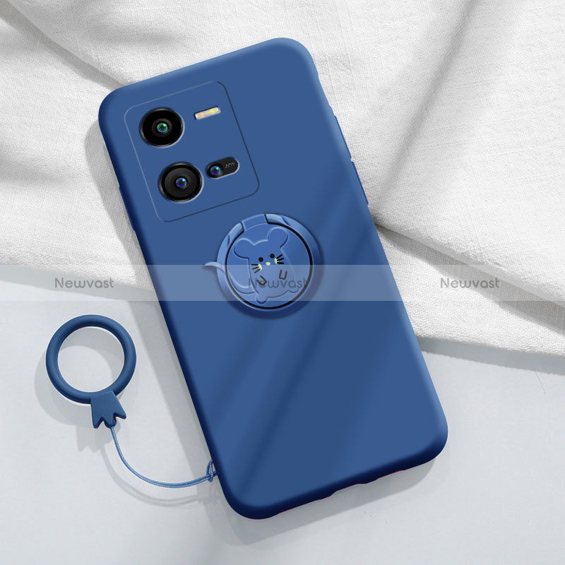 Ultra-thin Silicone Gel Soft Case Cover with Magnetic Finger Ring Stand S02 for Vivo iQOO 10 Pro 5G Blue