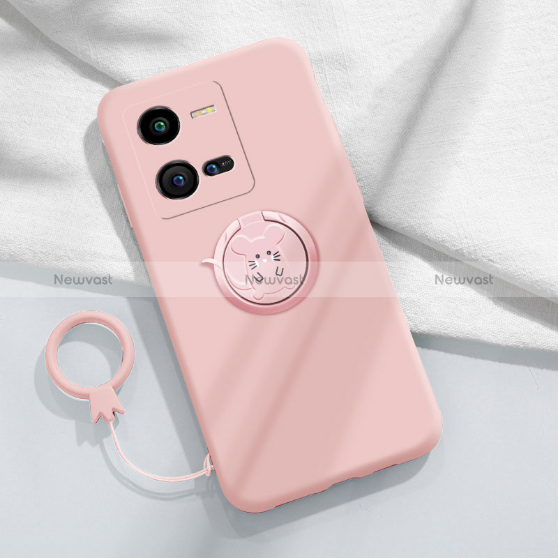 Ultra-thin Silicone Gel Soft Case Cover with Magnetic Finger Ring Stand S02 for Vivo iQOO 10 Pro 5G Pink