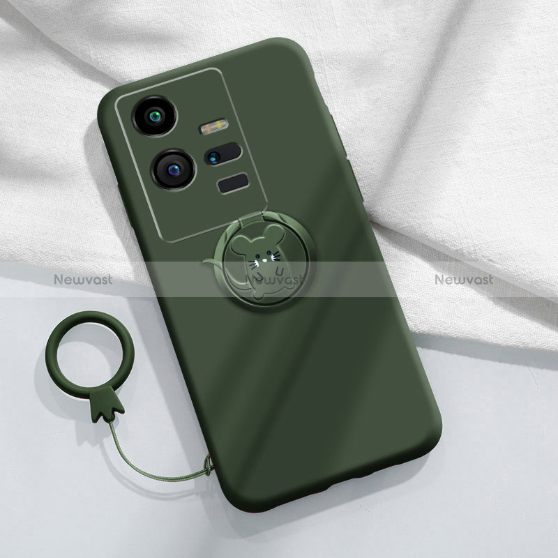 Ultra-thin Silicone Gel Soft Case Cover with Magnetic Finger Ring Stand S02 for Vivo iQOO 11 5G Midnight Green