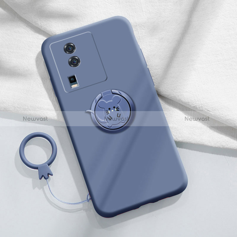 Ultra-thin Silicone Gel Soft Case Cover with Magnetic Finger Ring Stand S02 for Vivo iQOO Neo7 5G Lavender Gray