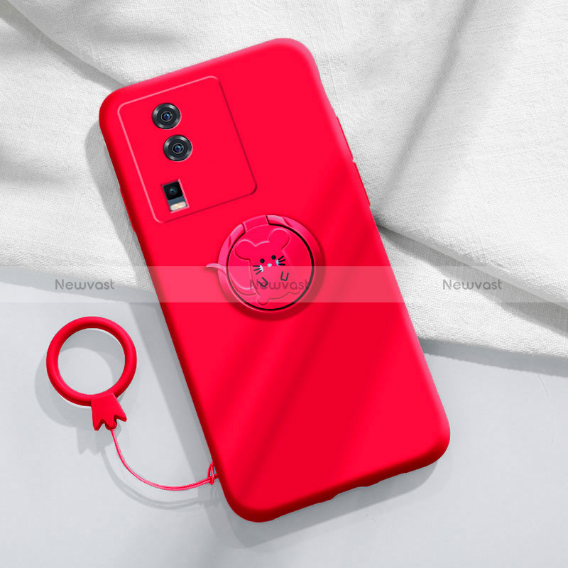 Ultra-thin Silicone Gel Soft Case Cover with Magnetic Finger Ring Stand S02 for Vivo iQOO Neo7 5G Red