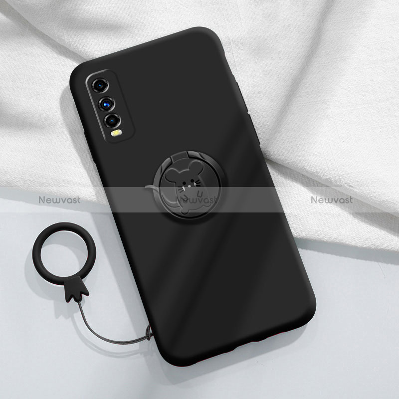 Ultra-thin Silicone Gel Soft Case Cover with Magnetic Finger Ring Stand S02 for Vivo iQOO U1 Black