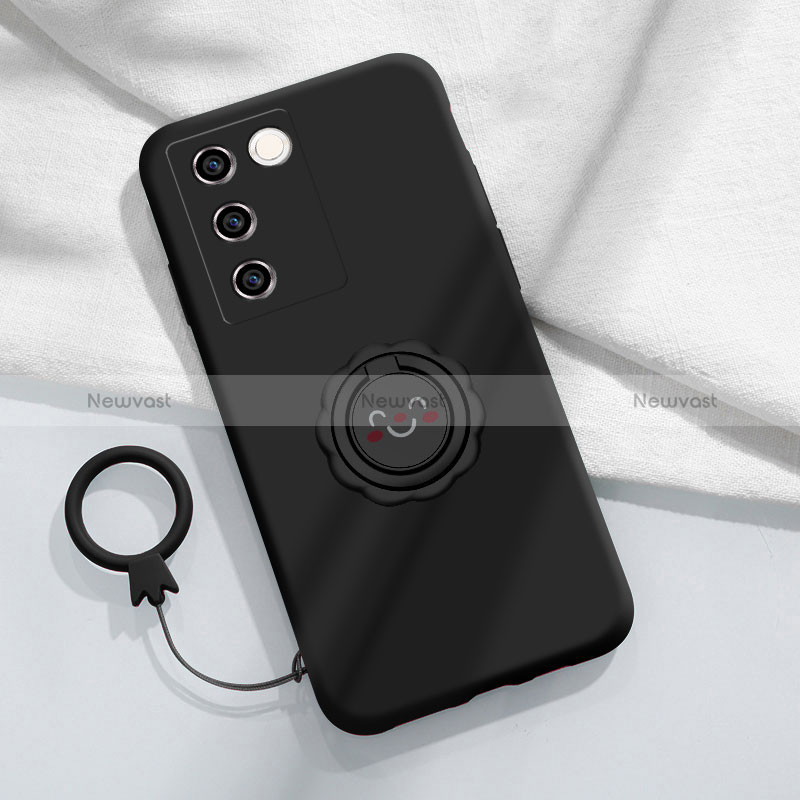 Ultra-thin Silicone Gel Soft Case Cover with Magnetic Finger Ring Stand S02 for Vivo V27 5G Black