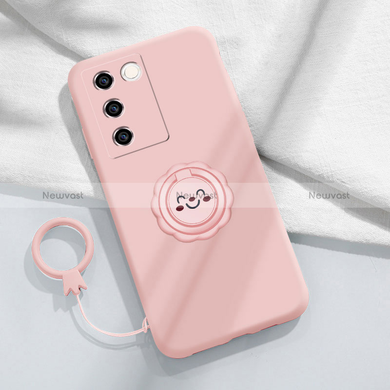 Ultra-thin Silicone Gel Soft Case Cover with Magnetic Finger Ring Stand S02 for Vivo V27 5G Pink