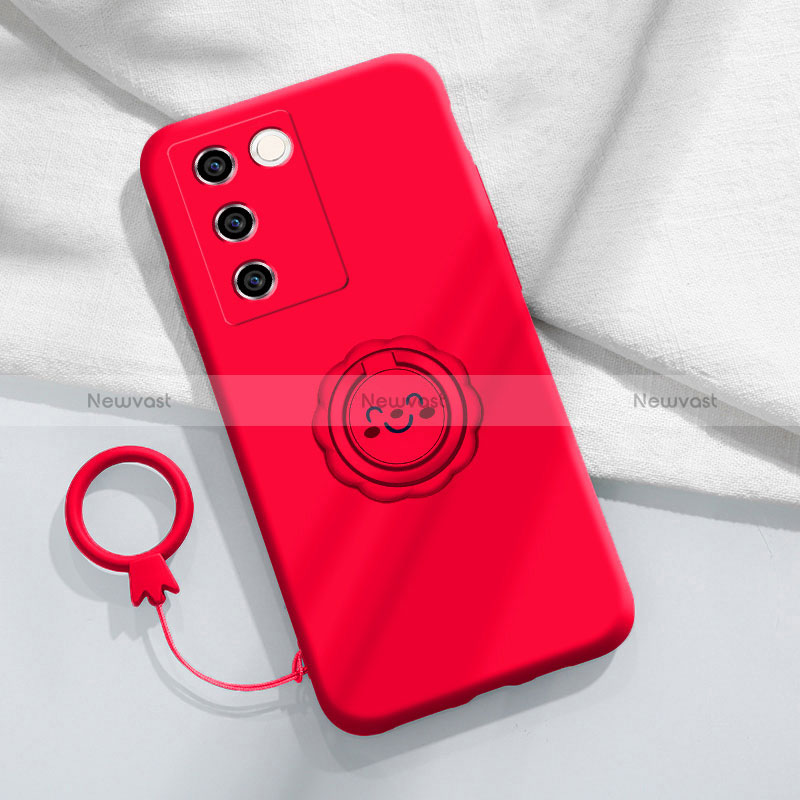 Ultra-thin Silicone Gel Soft Case Cover with Magnetic Finger Ring Stand S02 for Vivo V27 5G Red