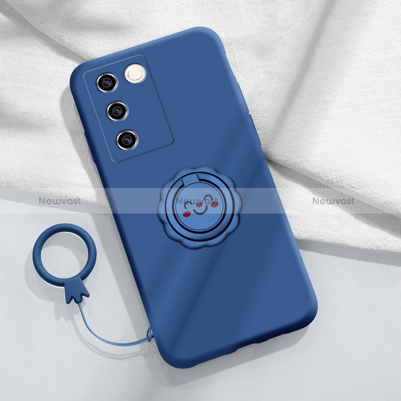 Ultra-thin Silicone Gel Soft Case Cover with Magnetic Finger Ring Stand S02 for Vivo V27 Pro 5G Blue