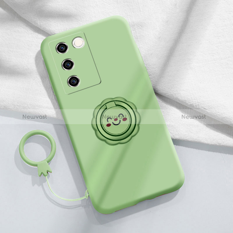 Ultra-thin Silicone Gel Soft Case Cover with Magnetic Finger Ring Stand S02 for Vivo V27e 5G Green