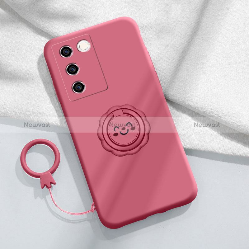 Ultra-thin Silicone Gel Soft Case Cover with Magnetic Finger Ring Stand S02 for Vivo V27e 5G Hot Pink