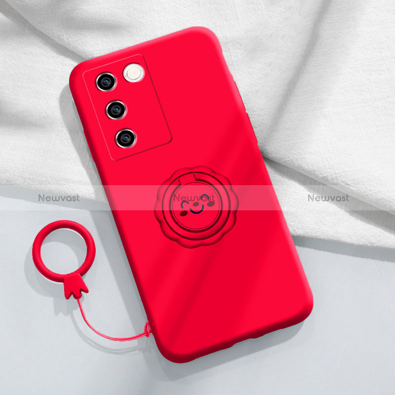 Ultra-thin Silicone Gel Soft Case Cover with Magnetic Finger Ring Stand S02 for Vivo V27e 5G Red