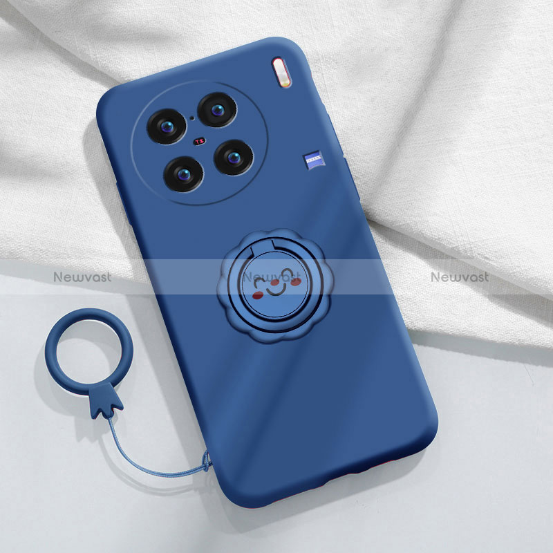 Ultra-thin Silicone Gel Soft Case Cover with Magnetic Finger Ring Stand S02 for Vivo X90 Pro 5G Blue