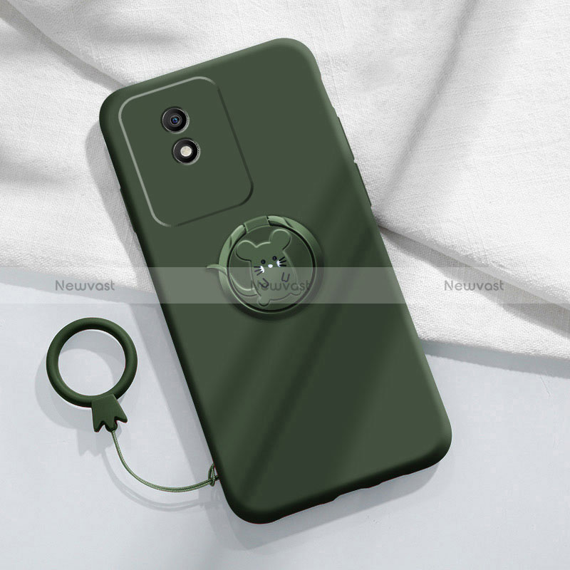 Ultra-thin Silicone Gel Soft Case Cover with Magnetic Finger Ring Stand S02 for Vivo Y02A Midnight Green