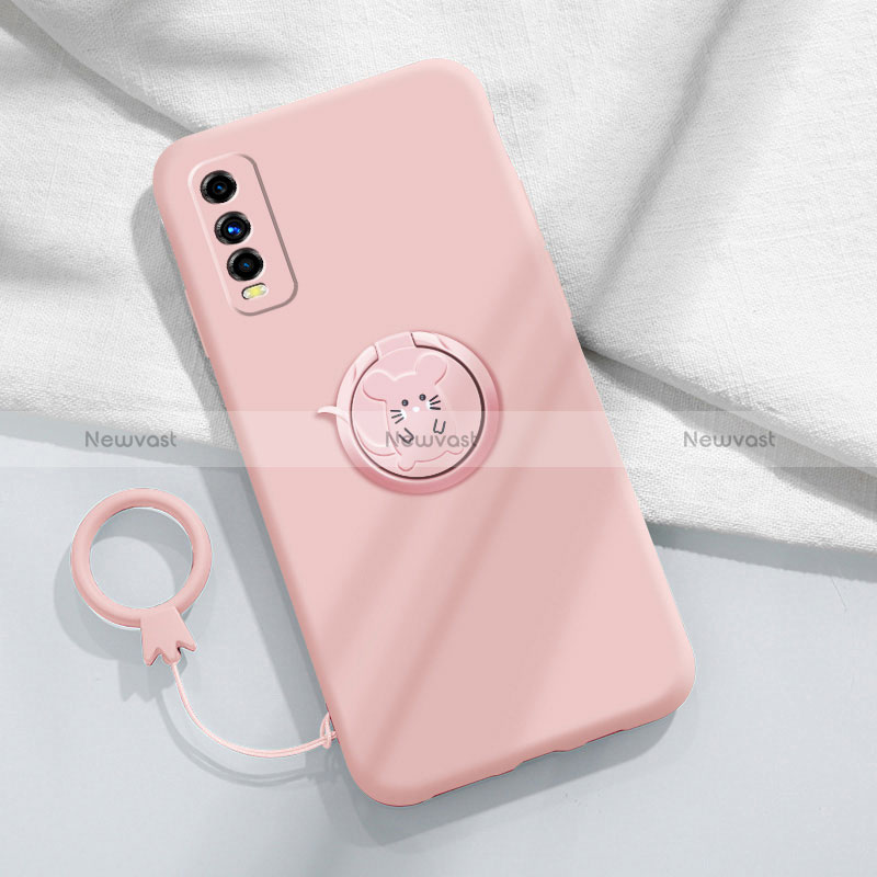 Ultra-thin Silicone Gel Soft Case Cover with Magnetic Finger Ring Stand S02 for Vivo Y50t Pink