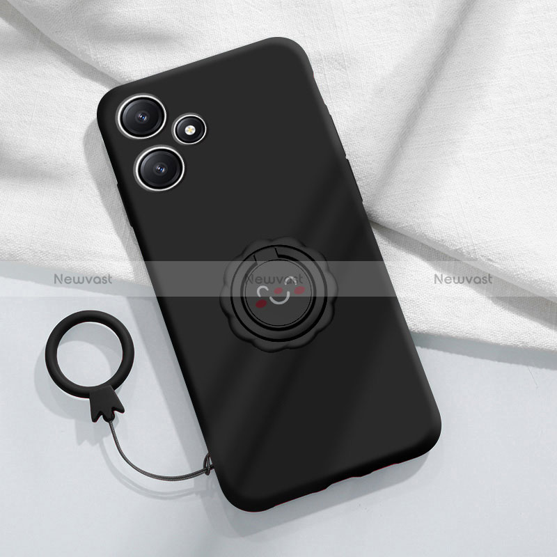 Ultra-thin Silicone Gel Soft Case Cover with Magnetic Finger Ring Stand S02 for Xiaomi Poco M6 Pro 5G Black