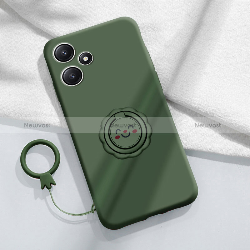 Ultra-thin Silicone Gel Soft Case Cover with Magnetic Finger Ring Stand S02 for Xiaomi Poco M6 Pro 5G Midnight Green