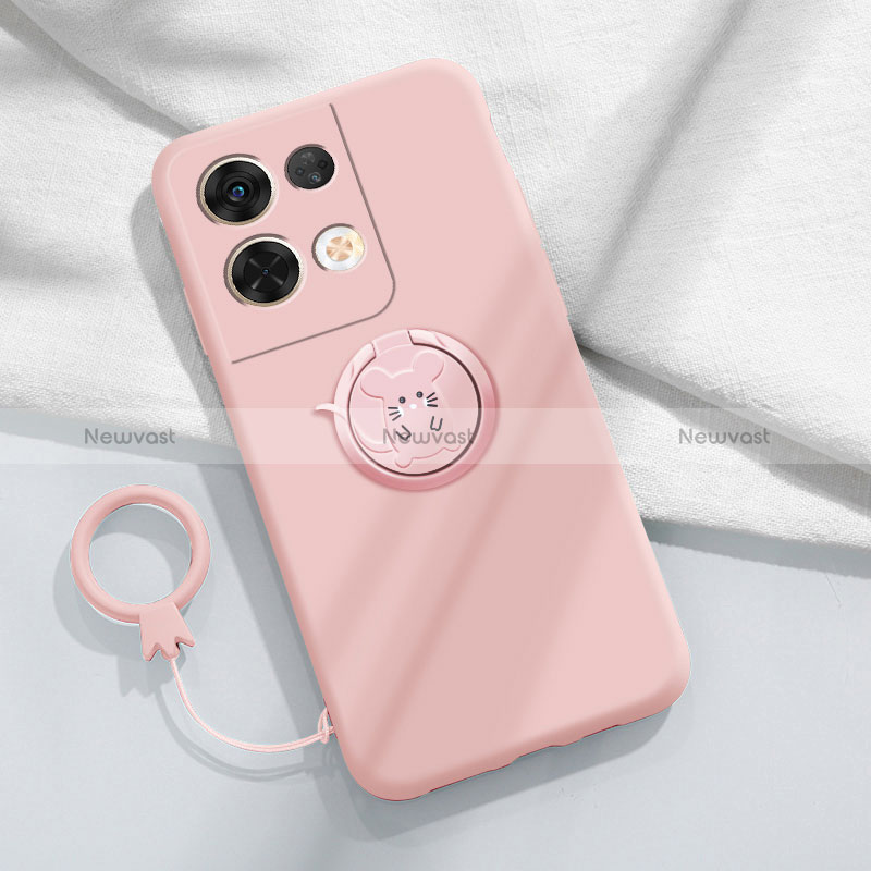 Ultra-thin Silicone Gel Soft Case Cover with Magnetic Finger Ring Stand S02 for Xiaomi Redmi Note 13 5G Pink