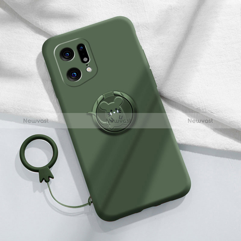 Ultra-thin Silicone Gel Soft Case Cover with Magnetic Finger Ring Stand S03 for Oppo Find X5 5G Midnight Green