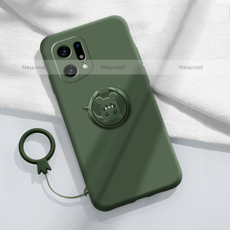 Ultra-thin Silicone Gel Soft Case Cover with Magnetic Finger Ring Stand S03 for Oppo Find X5 Pro 5G Midnight Green