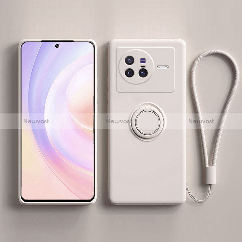 Ultra-thin Silicone Gel Soft Case Cover with Magnetic Finger Ring Stand S03 for Vivo X80 5G White