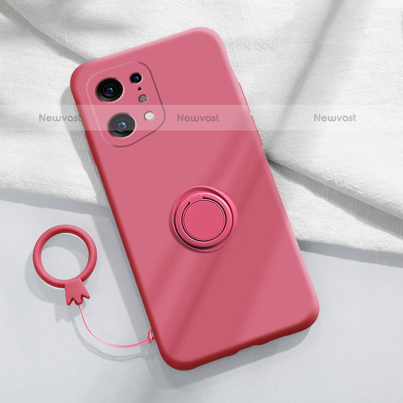 Ultra-thin Silicone Gel Soft Case Cover with Magnetic Finger Ring Stand S04 for Oppo Find X5 Pro 5G Hot Pink