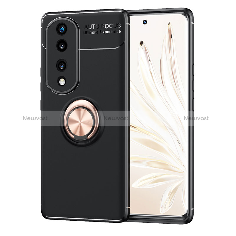 Ultra-thin Silicone Gel Soft Case Cover with Magnetic Finger Ring Stand SD1 for Huawei Honor 70 Pro 5G Gold and Black