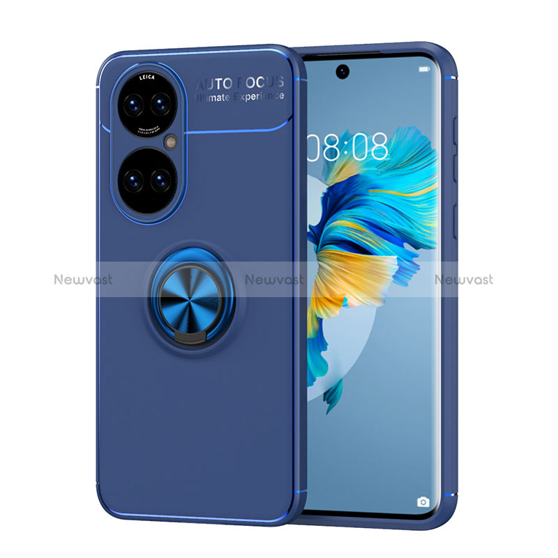 Ultra-thin Silicone Gel Soft Case Cover with Magnetic Finger Ring Stand SD1 for Huawei P50 Pro Blue