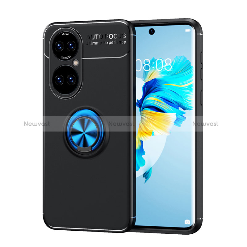 Ultra-thin Silicone Gel Soft Case Cover with Magnetic Finger Ring Stand SD1 for Huawei P50 Pro Blue and Black