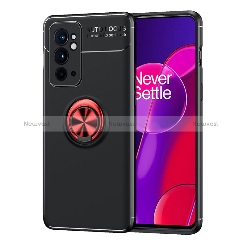 Ultra-thin Silicone Gel Soft Case Cover with Magnetic Finger Ring Stand SD1 for OnePlus 9RT 5G Red and Black