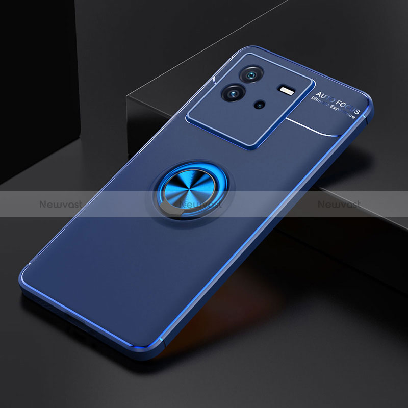 Ultra-thin Silicone Gel Soft Case Cover with Magnetic Finger Ring Stand SD1 for Vivo iQOO Neo6 5G Blue