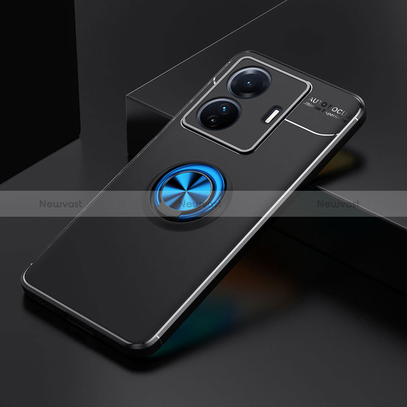 Ultra-thin Silicone Gel Soft Case Cover with Magnetic Finger Ring Stand SD1 for Vivo iQOO Z6 Pro 5G Blue and Black