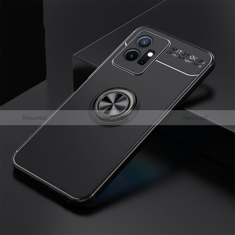 Ultra-thin Silicone Gel Soft Case Cover with Magnetic Finger Ring Stand SD1 for Vivo T1 5G India Black