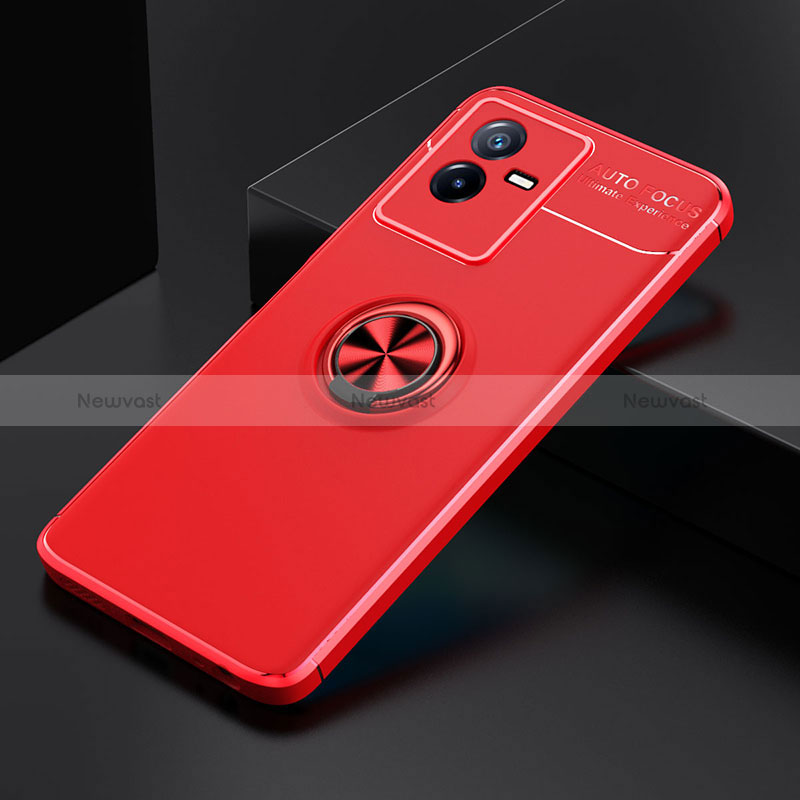 Ultra-thin Silicone Gel Soft Case Cover with Magnetic Finger Ring Stand SD1 for Vivo T2x 5G Red