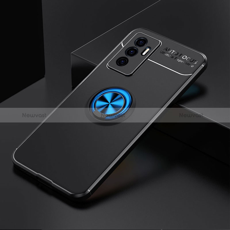 Ultra-thin Silicone Gel Soft Case Cover with Magnetic Finger Ring Stand SD1 for Vivo V23e 5G Blue and Black