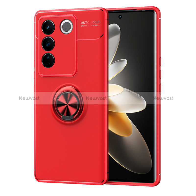 Ultra-thin Silicone Gel Soft Case Cover with Magnetic Finger Ring Stand SD1 for Vivo V27 Pro 5G Red