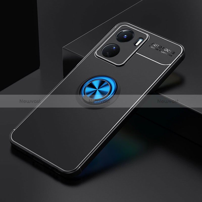 Ultra-thin Silicone Gel Soft Case Cover with Magnetic Finger Ring Stand SD1 for Vivo Y16 Blue and Black