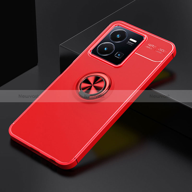 Ultra-thin Silicone Gel Soft Case Cover with Magnetic Finger Ring Stand SD1 for Vivo Y35 4G Red