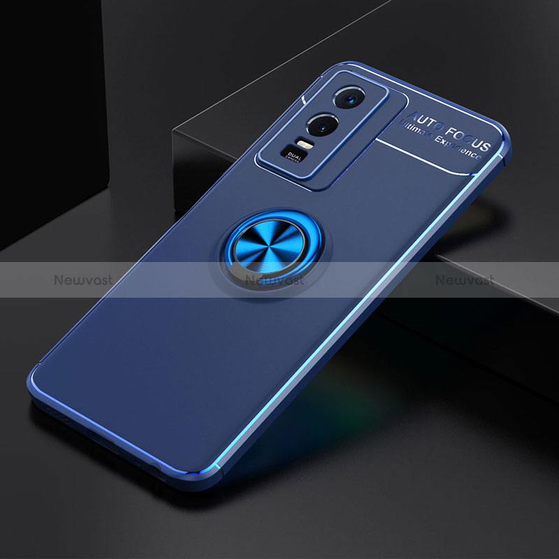 Ultra-thin Silicone Gel Soft Case Cover with Magnetic Finger Ring Stand SD1 for Vivo Y76s 5G Blue