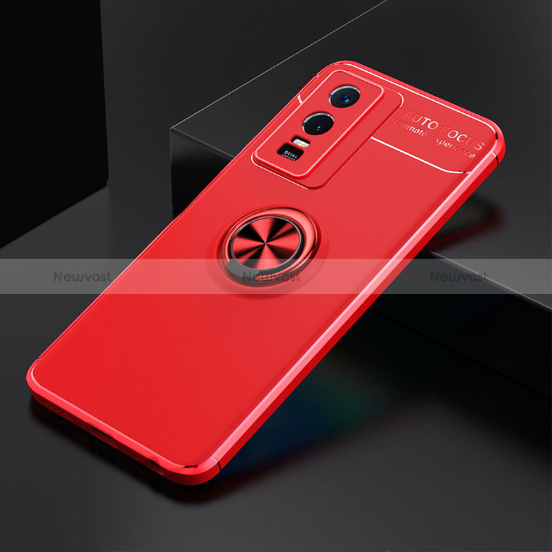 Ultra-thin Silicone Gel Soft Case Cover with Magnetic Finger Ring Stand SD1 for Vivo Y76s 5G Red