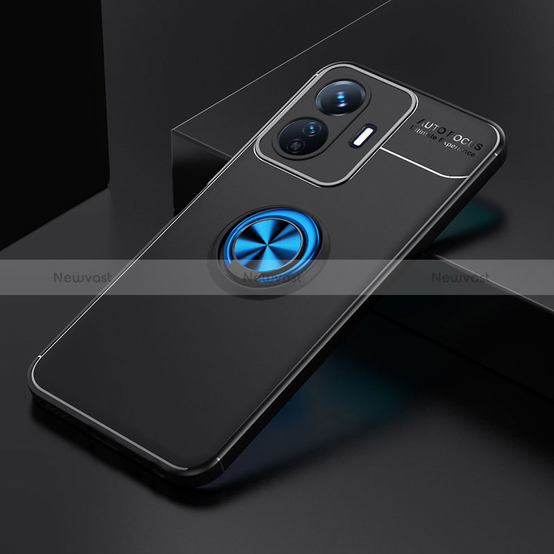 Ultra-thin Silicone Gel Soft Case Cover with Magnetic Finger Ring Stand SD1 for Vivo Y77 5G Blue and Black