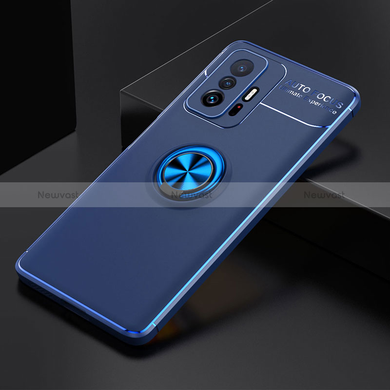 Ultra-thin Silicone Gel Soft Case Cover with Magnetic Finger Ring Stand SD1 for Xiaomi Mi 11T 5G Blue