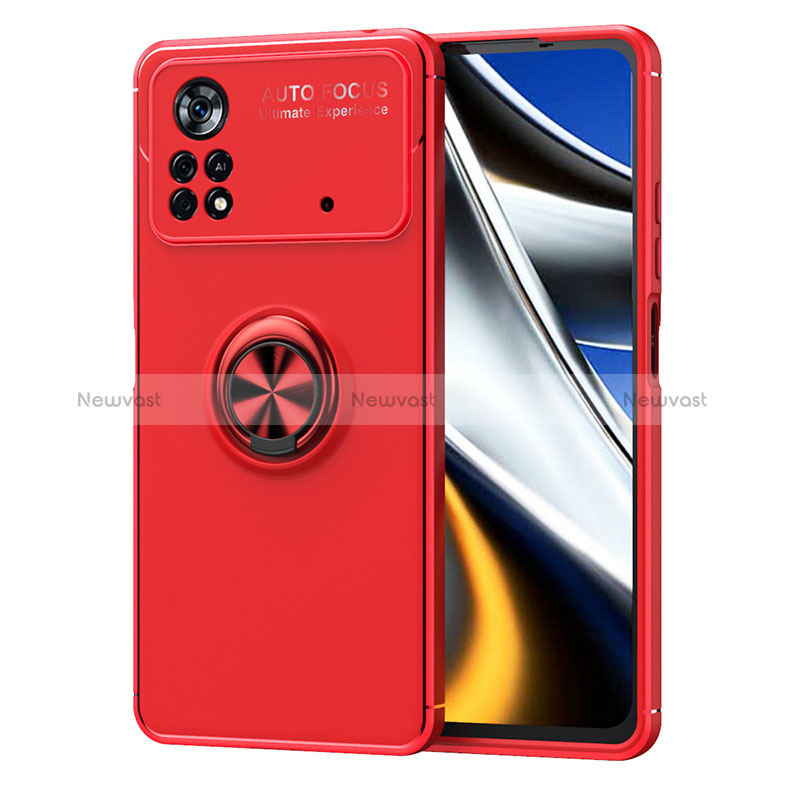 Ultra-thin Silicone Gel Soft Case Cover with Magnetic Finger Ring Stand SD1 for Xiaomi Poco M4 Pro 4G Red