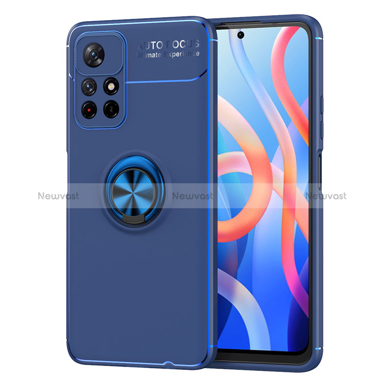 Ultra-thin Silicone Gel Soft Case Cover with Magnetic Finger Ring Stand SD1 for Xiaomi Poco M4 Pro 5G Blue