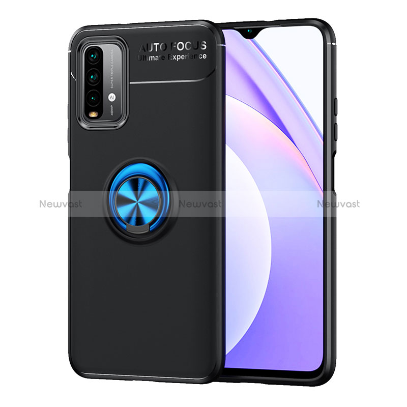 Ultra-thin Silicone Gel Soft Case Cover with Magnetic Finger Ring Stand SD1 for Xiaomi Redmi 9 Power Blue and Black